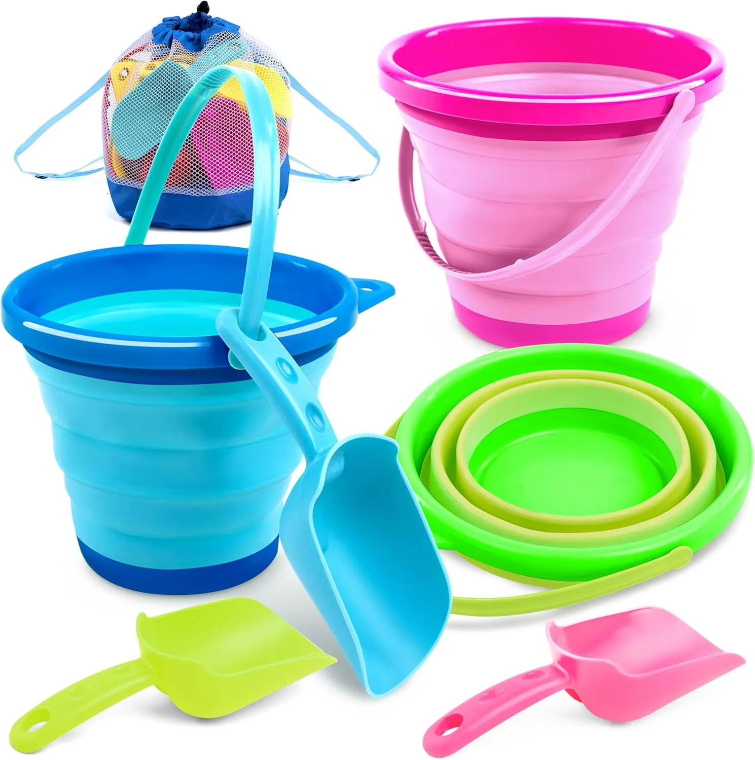 Foldable Pail Bucket with Shovels seize marketable phoenix accredit husk swampy & Mesh Bag, Collapsible Buckets Multi Purpose for Beach, Camping Gear, Beach Party, Fishing, and Fun Summer Activities (Blue/Pink/Green) JOYIN 3 Packs 