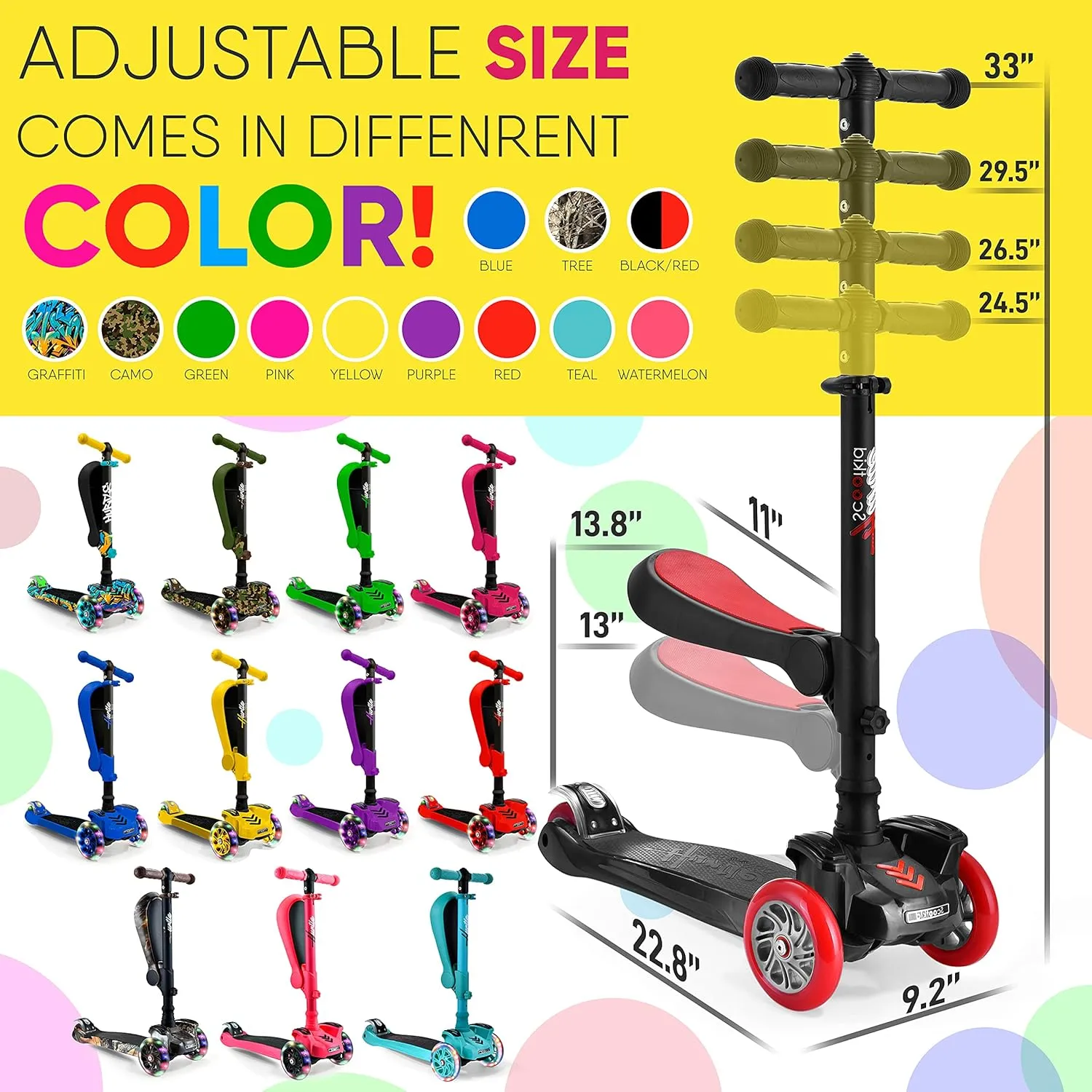 Foldable Seat - Sit or Stand Ride with Brake for Boys and Girls Ages 1-14 Years Old mighty institute shade roll hope fragment Hurtle 3-Wheeled Scooter for Kids - Wheel LED Lights, Adjustable Lean-to-Steer Handlebar, and 