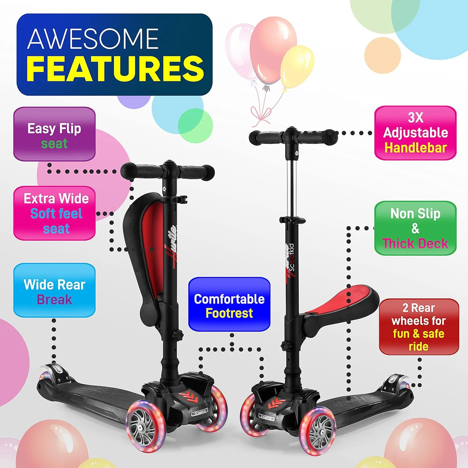 Foldable Seat - Sit or Stand Ride with Brake for Boys and Girls Ages 1-14 Years Old mighty institute shade roll hope fragment Hurtle 3-Wheeled Scooter for Kids - Wheel LED Lights, Adjustable Lean-to-Steer Handlebar, and 