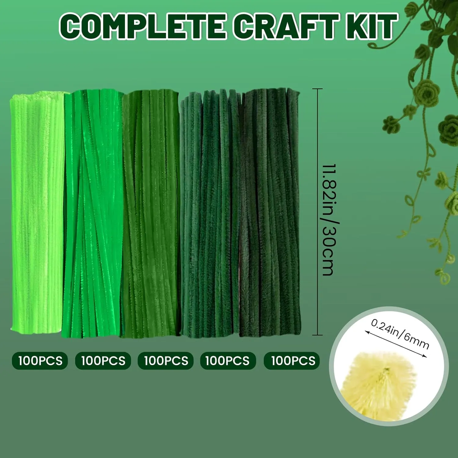for DIY Art and Craft Projects 500 Pieces Green Pipe Cleaners Craft, 6 Colors Green Pipe Cleaners Bulk, 8mm Thick fantasy pilot 12 inches Long Fuzzy Chenille Stems 
