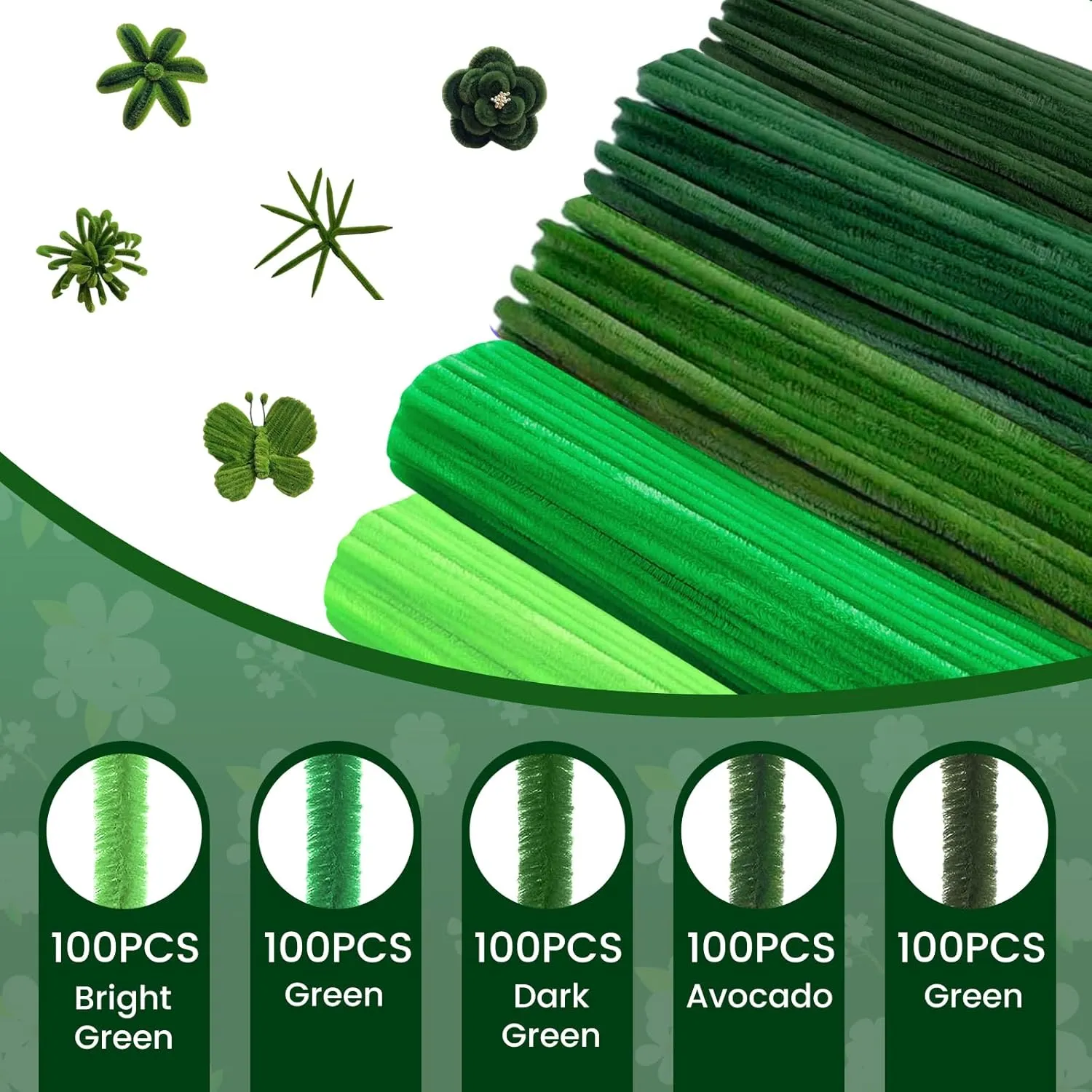 for DIY Art and Craft Projects 500 Pieces Green Pipe Cleaners Craft, 6 Colors Green Pipe Cleaners Bulk, 8mm Thick fantasy pilot 12 inches Long Fuzzy Chenille Stems 