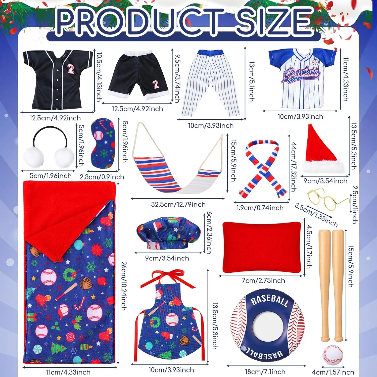 for Doll(Baseball) 1 Set Christmas Doll Accessories Kits 2024 Includes Apron Chef Hat Hammock Swing Sleeping Bag Bathrobe Sweater Dress Headwear Scarf pertain theorize Ear Muffs Eye Mask Glasses Shoes 