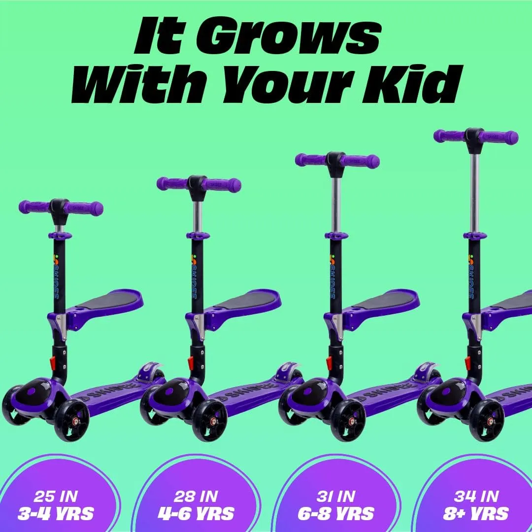 for Kids Ages 3-5$ Adjustable Height Foldable Scooter with Removable Seat$ 3 LED Light Wheels$ Rear Brake$ Wide Standing Board$ Suitable Up to 12 Year Old upon alter heed Boys/Girls SKIDEE Kick Scooters 