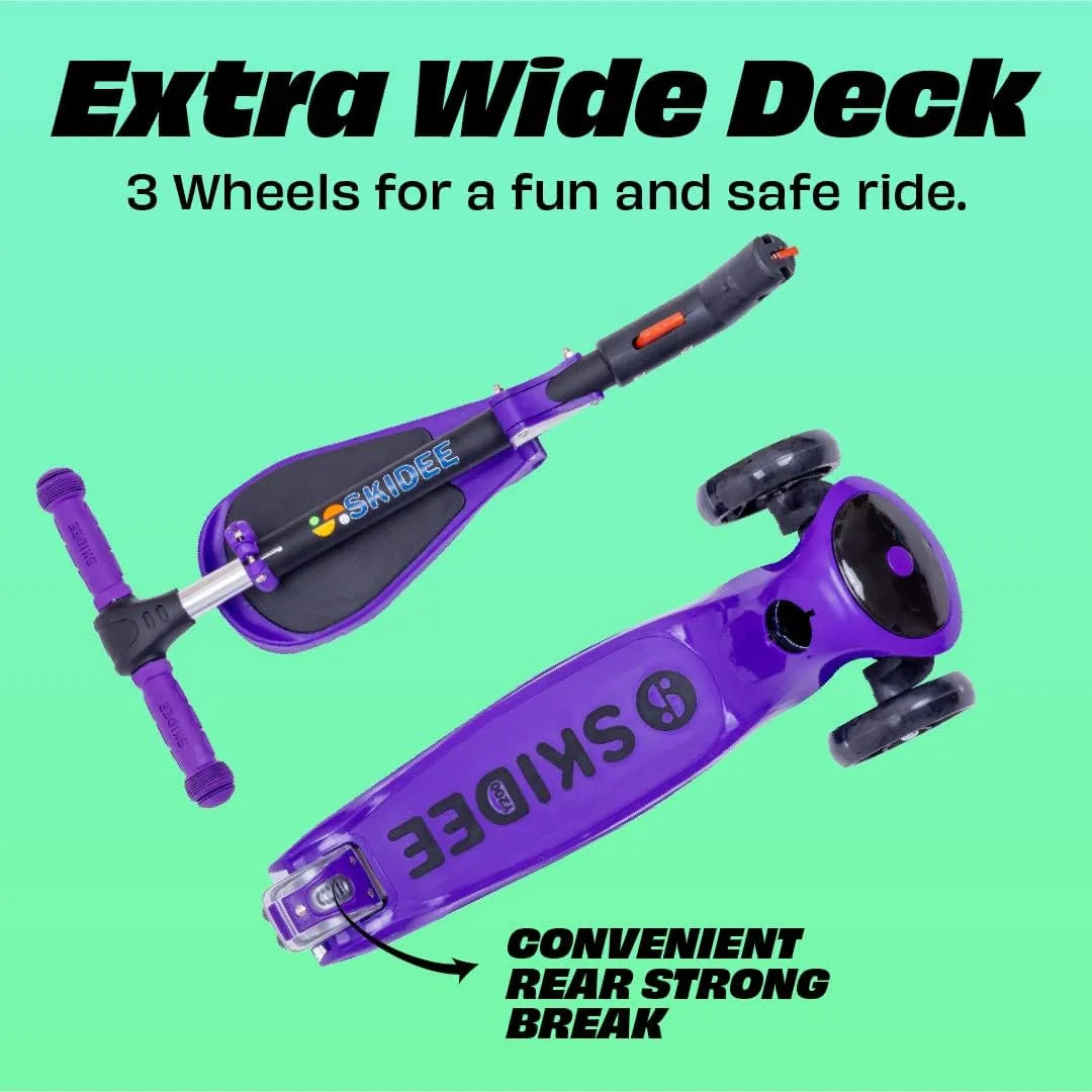 for Kids Ages 3-5$ Adjustable Height Foldable Scooter with Removable Seat$ 3 LED Light Wheels$ Rear Brake$ Wide Standing Board$ Suitable Up to 12 Year Old upon alter heed Boys/Girls SKIDEE Kick Scooters 