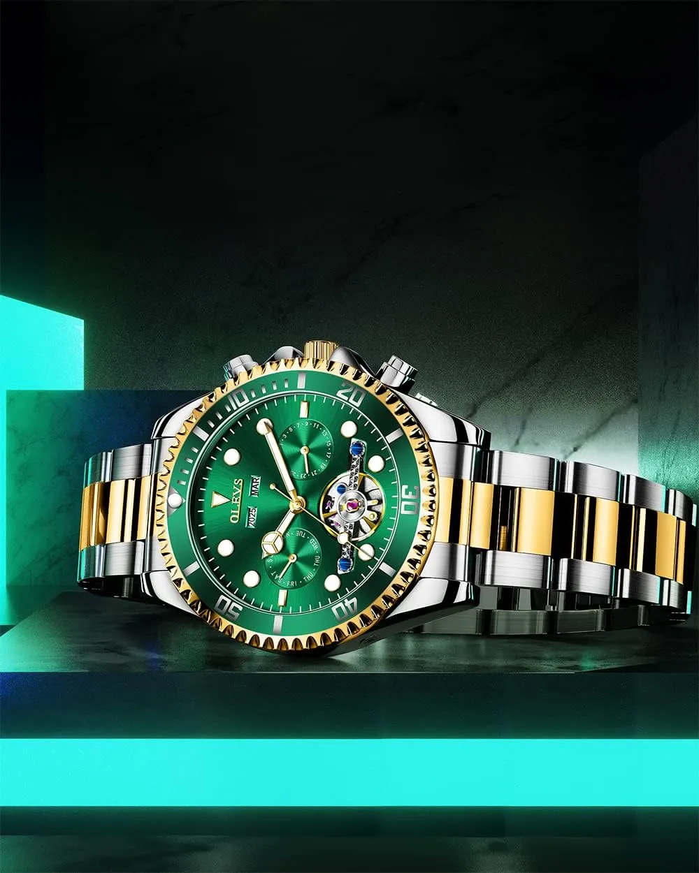 for Men$ Premium Rotatable Bezel Men's Dress Watches$ Blue/Green/Black Dial OLEVS Men's Watches Automatic$ Luxury Gold and quotation Silver Analog Tourbillon Watches 