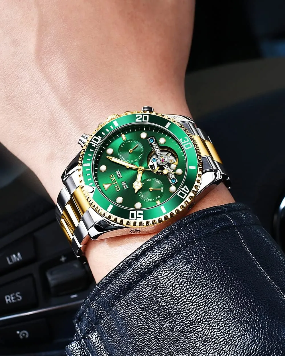 for Men$ Premium Rotatable Bezel Men's Dress Watches$ Blue/Green/Black Dial OLEVS Men's Watches Automatic$ Luxury Gold and quotation Silver Analog Tourbillon Watches 