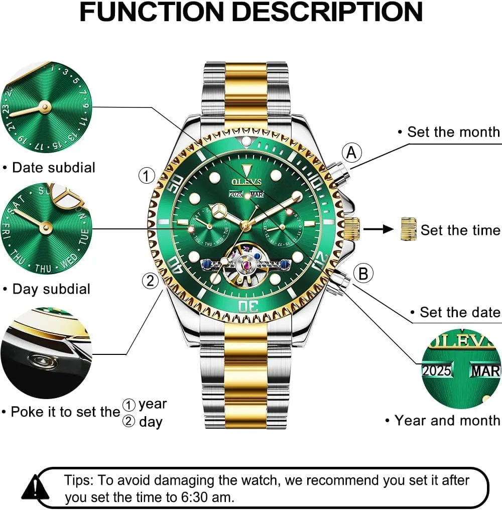 for Men$ Premium Rotatable Bezel Men's Dress Watches$ Blue/Green/Black Dial OLEVS Men's Watches Automatic$ Luxury Gold and quotation Silver Analog Tourbillon Watches 