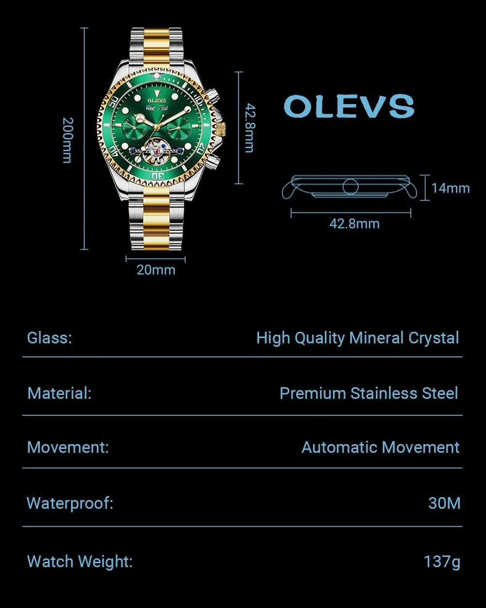 for Men$ Premium Rotatable Bezel Men's Dress Watches$ Blue/Green/Black Dial OLEVS Men's Watches Automatic$ Luxury Gold and quotation Silver Analog Tourbillon Watches 