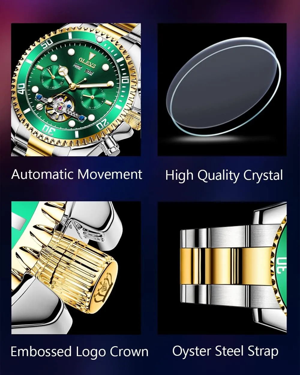 for Men$ Premium Rotatable Bezel Men's Dress Watches$ Blue/Green/Black Dial OLEVS Men's Watches Automatic$ Luxury Gold and quotation Silver Analog Tourbillon Watches 