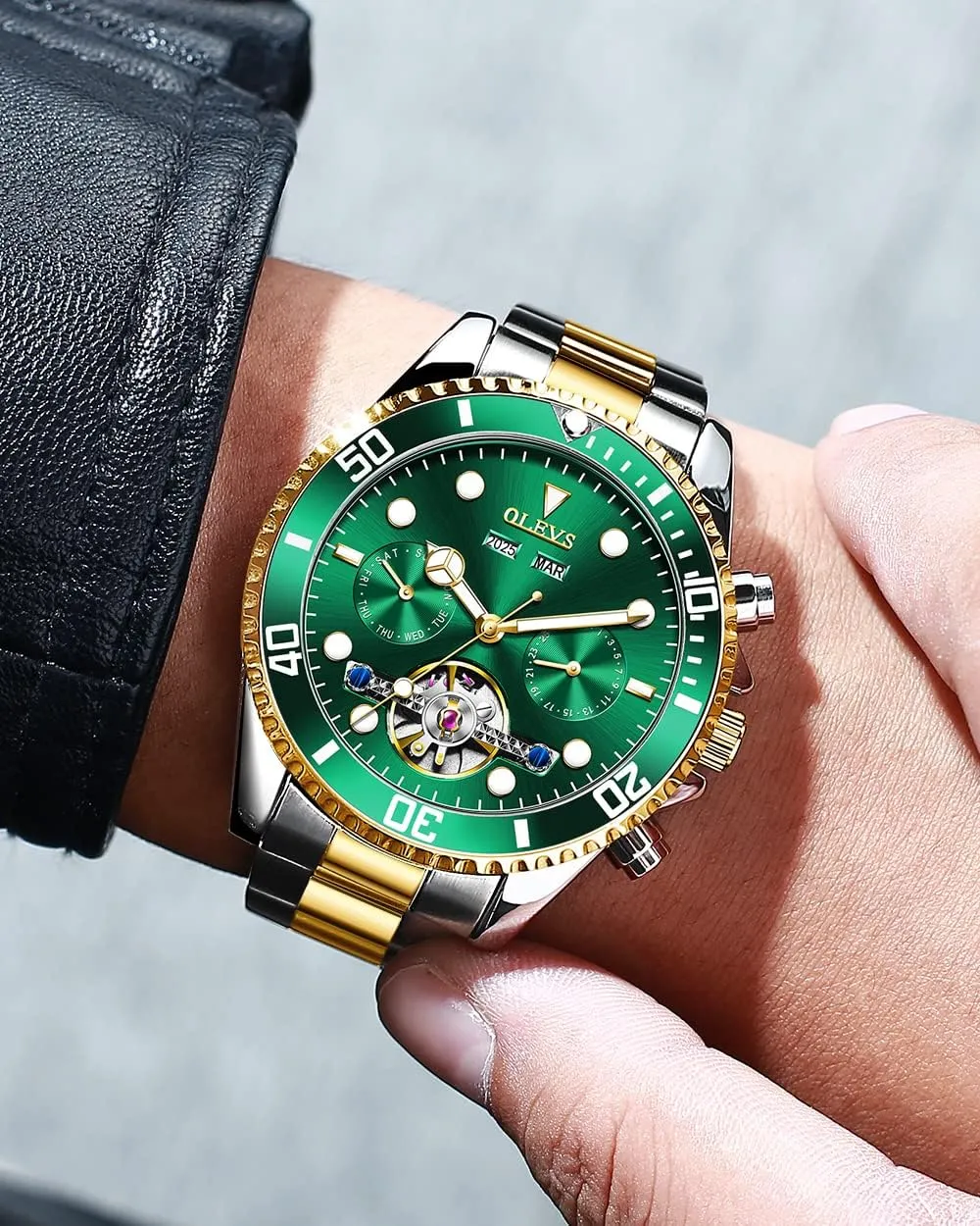 for Men$ Premium Rotatable Bezel Men's Dress Watches$ Blue/Green/Black Dial OLEVS Men's Watches Automatic$ Luxury Gold and quotation Silver Analog Tourbillon Watches 