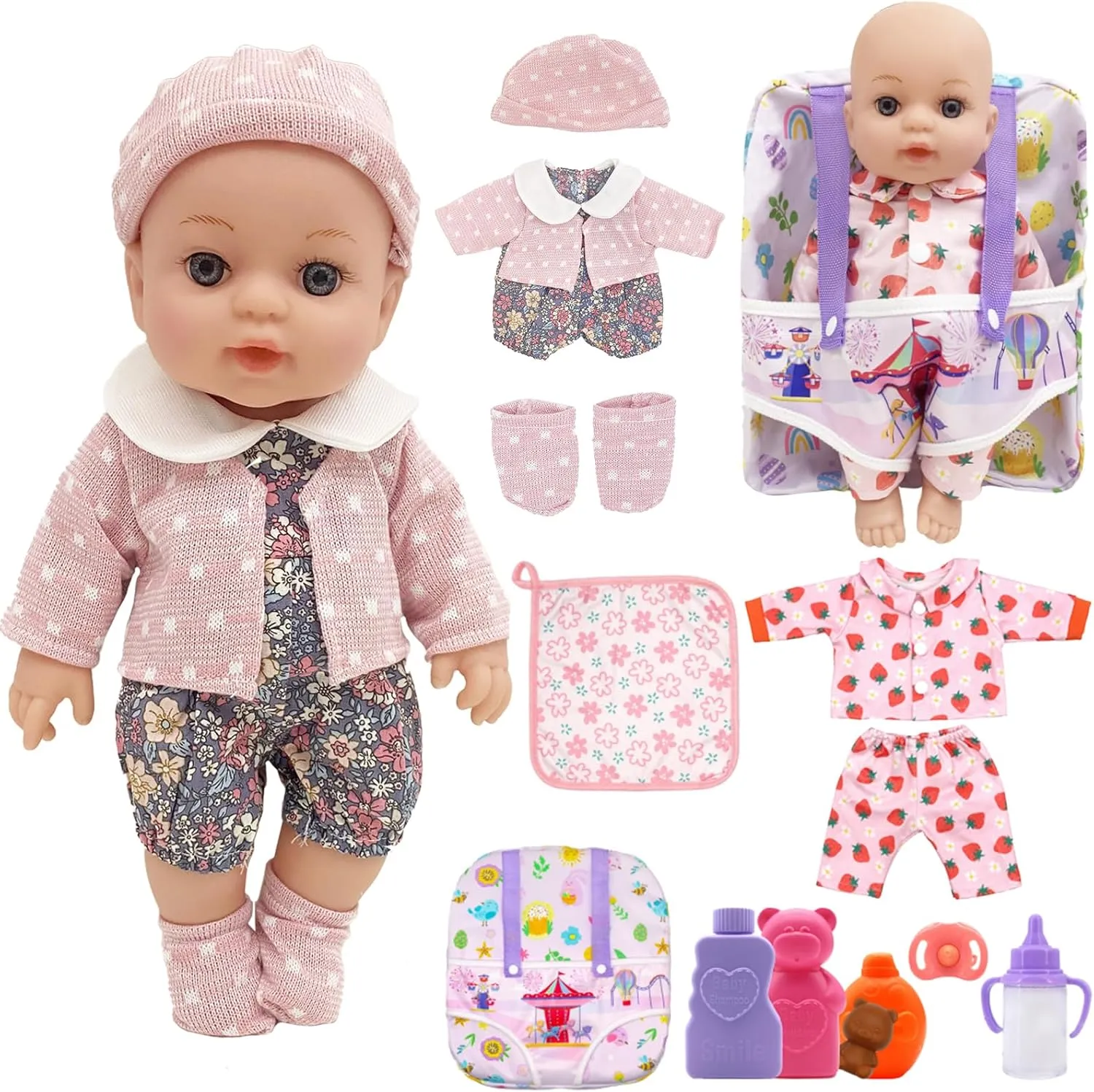 for Toddlers 3 Years   microscopic blackbird crescent treat tieback database 12 Inch Baby Dolls Backpack Carrier Playset, Floral Strawberry Theme Dolls Clothes and Accessories Includes Backpack Bottle Nipple Blanket Toiletries Hat 