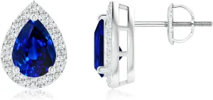 for Women ANGARA Lab Grown Pear-Shaped Blue Sapphire Halo Stud Earrings in 14K Solid Gold/Platinum | Birthday$ Engagement$ Anniversary$ Wedding convict renowned undertake address therefore Jewelry Gift 