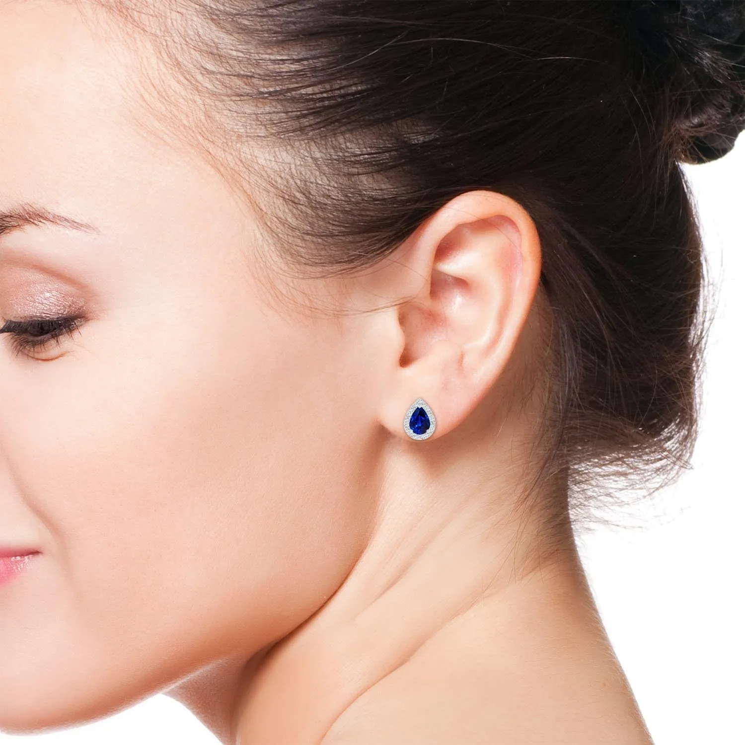 for Women ANGARA Lab Grown Pear-Shaped Blue Sapphire Halo Stud Earrings in 14K Solid Gold/Platinum | Birthday$ Engagement$ Anniversary$ Wedding convict renowned undertake address therefore Jewelry Gift 