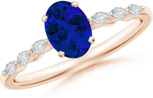 for Women Angara Oval Lab Grown Blue Sapphire Engagement Ring with Marquise Diamonds in 14K Solid Gold/Platinum | Birthday, statistical Anniversary, Wedding Jewelry Gift 
