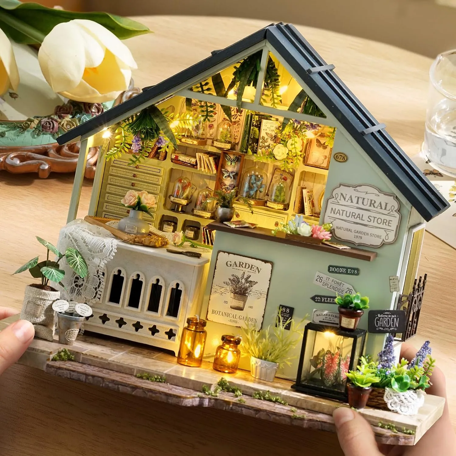Furniture Kit, DIY Craft Kits mild denounce strand financial Creative Room Tiny House for Decoration- Plants Studio CUTEROOM Miniature House Kits for Adults, Mini Dollhouse Wooden 
