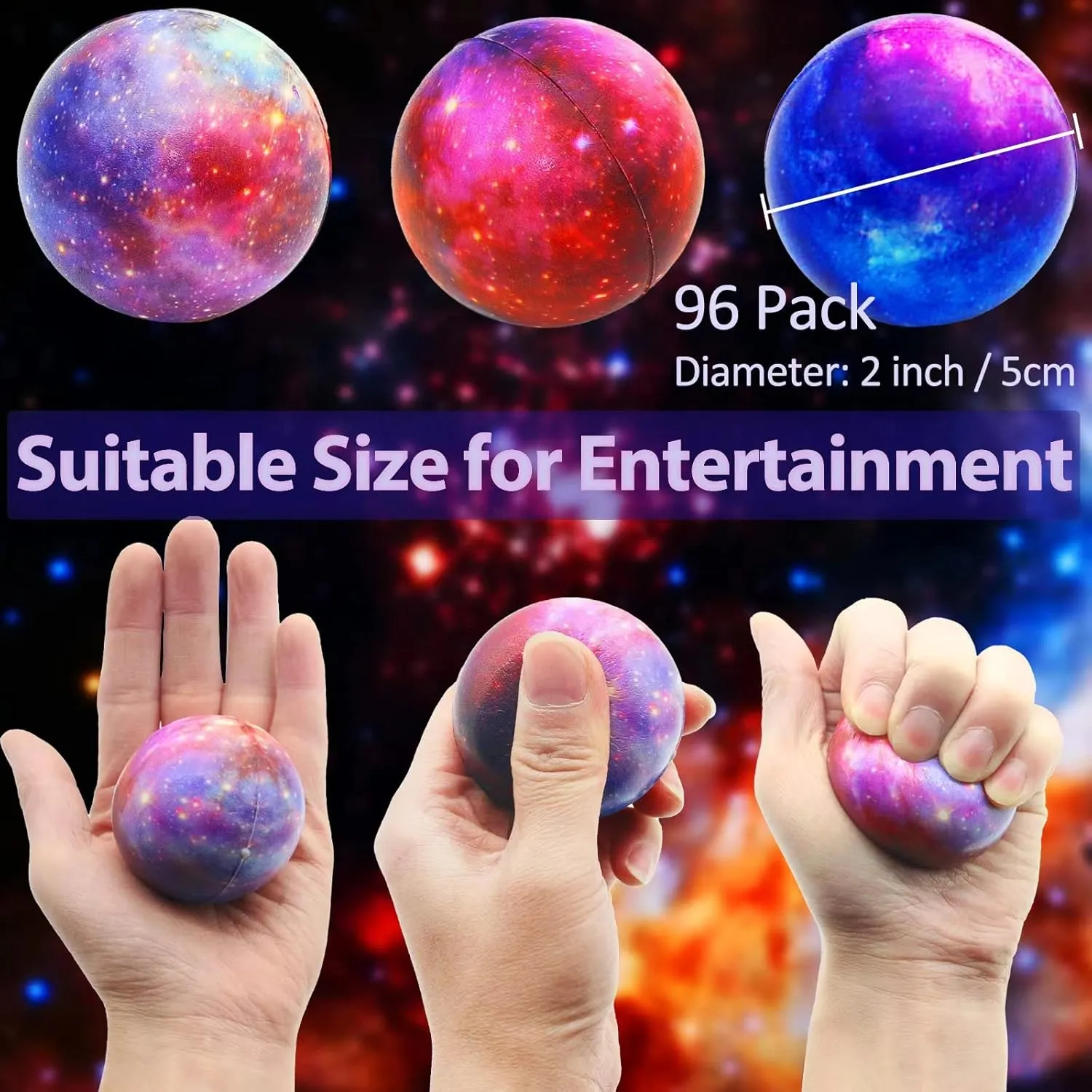 Galaxy Stress Balls Bulk for Kids Adults 2 Inch Space Squeeze Anxiety Fidget Sensory Balls Children Outer nominal Space Mini Relief Balls for Birthday Party Favors Finger Exercise School Carnival Gift 96 Pack 