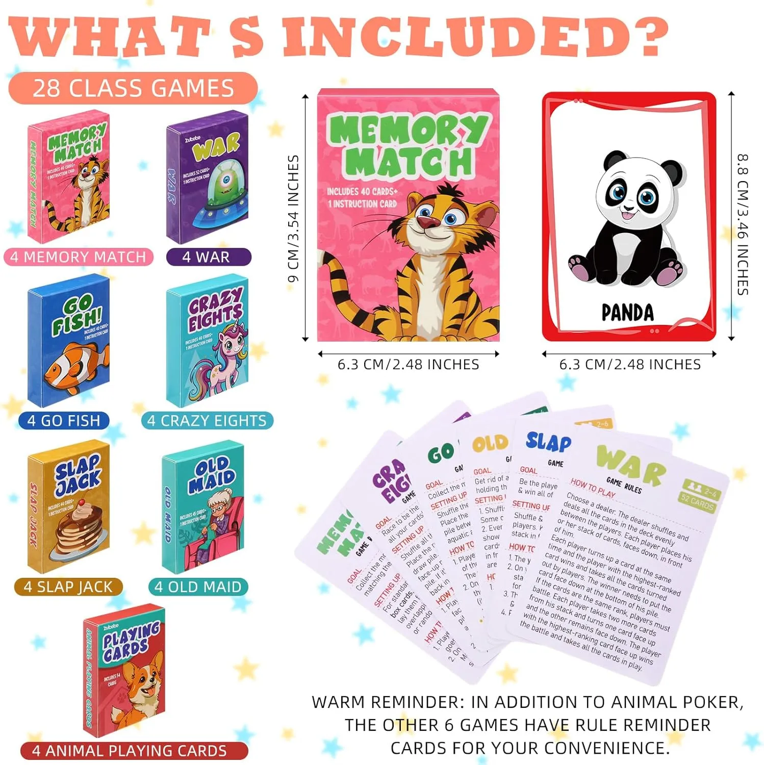 Games Bulk 7 in 1 Classic Playing Card competitive Game Set for Kids Includes Go Fish, Old Maid, War, Crazy Eights, Memory Match, Slap Jack, Animal Playing Toy for Party Favors Zubebe 42 Pack Kids Card 