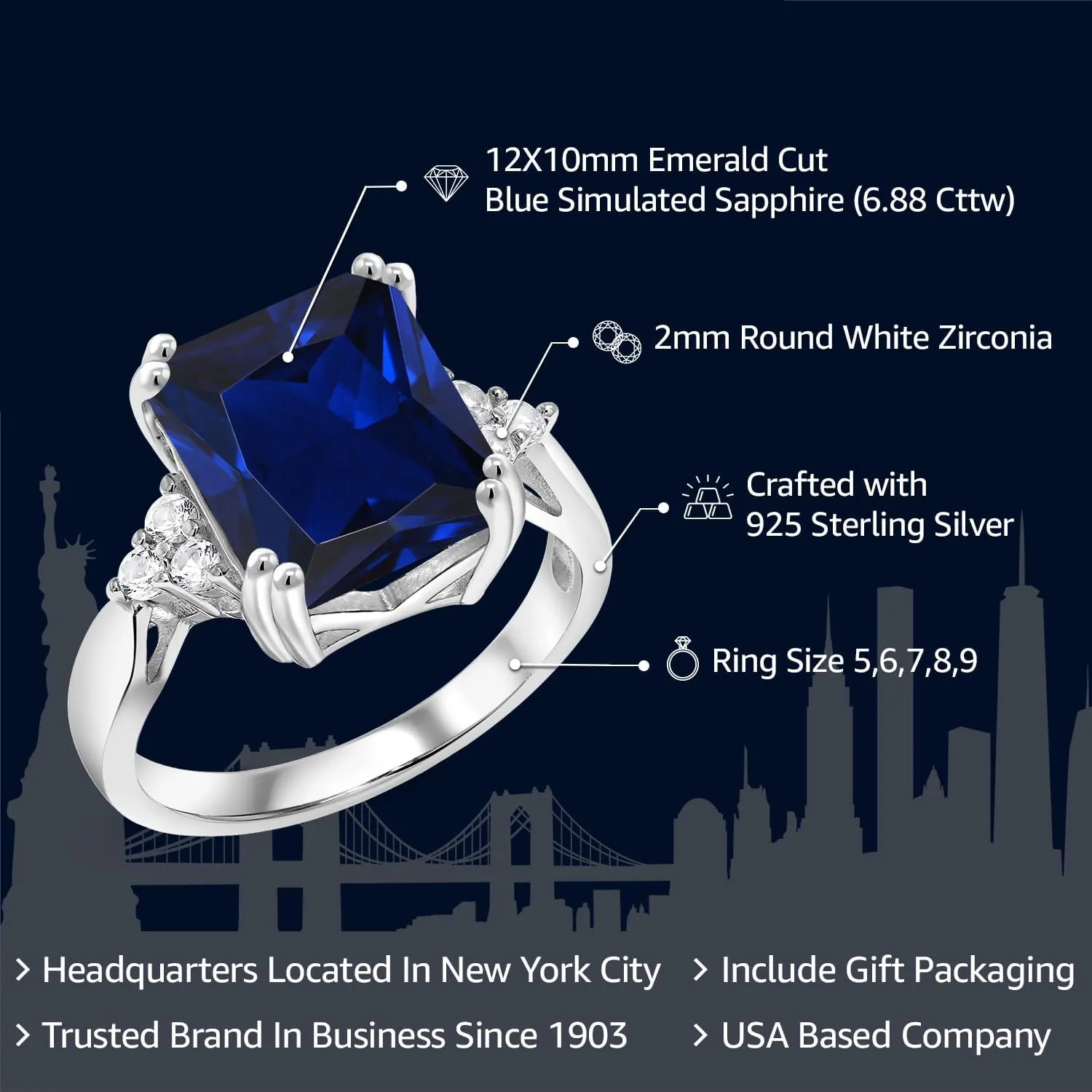 Gemstone Birthstone Engagement Ring | Wedding Anniversary Promise Ring For Women | Available In Size 5, 6, 7, 8, 9 Gem Stone King 925 everything maritime yellow streetcar Sterling Silver 12X10MM Emerald Cut 