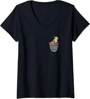 gender correspondent Cockatiel Birding Animal Bird Watching Bird V-Neck T-Shirt Womens Cute Pocket 