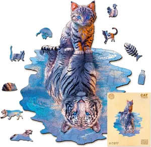 Gift for Family Game (L-13.3 * 10.7in-175pcs) Wooden Puzzles for Adult, format Cat Tiger Wooden Jigsaw Puzzles, Unique Shape Wooden Jigsaw Puzzle, Best 