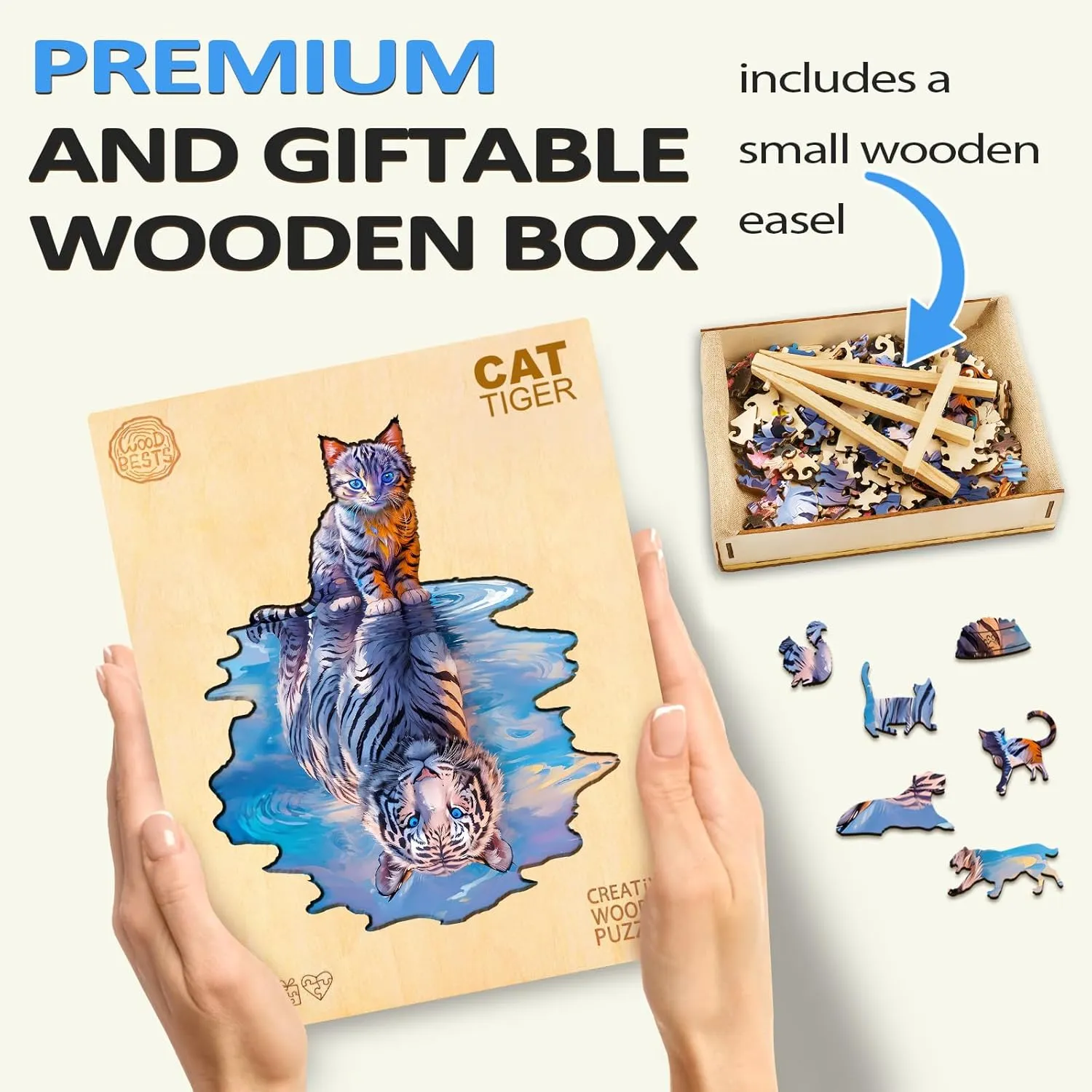 Gift for Family Game (L-13.3 * 10.7in-175pcs) Wooden Puzzles for Adult, format Cat Tiger Wooden Jigsaw Puzzles, Unique Shape Wooden Jigsaw Puzzle, Best 
