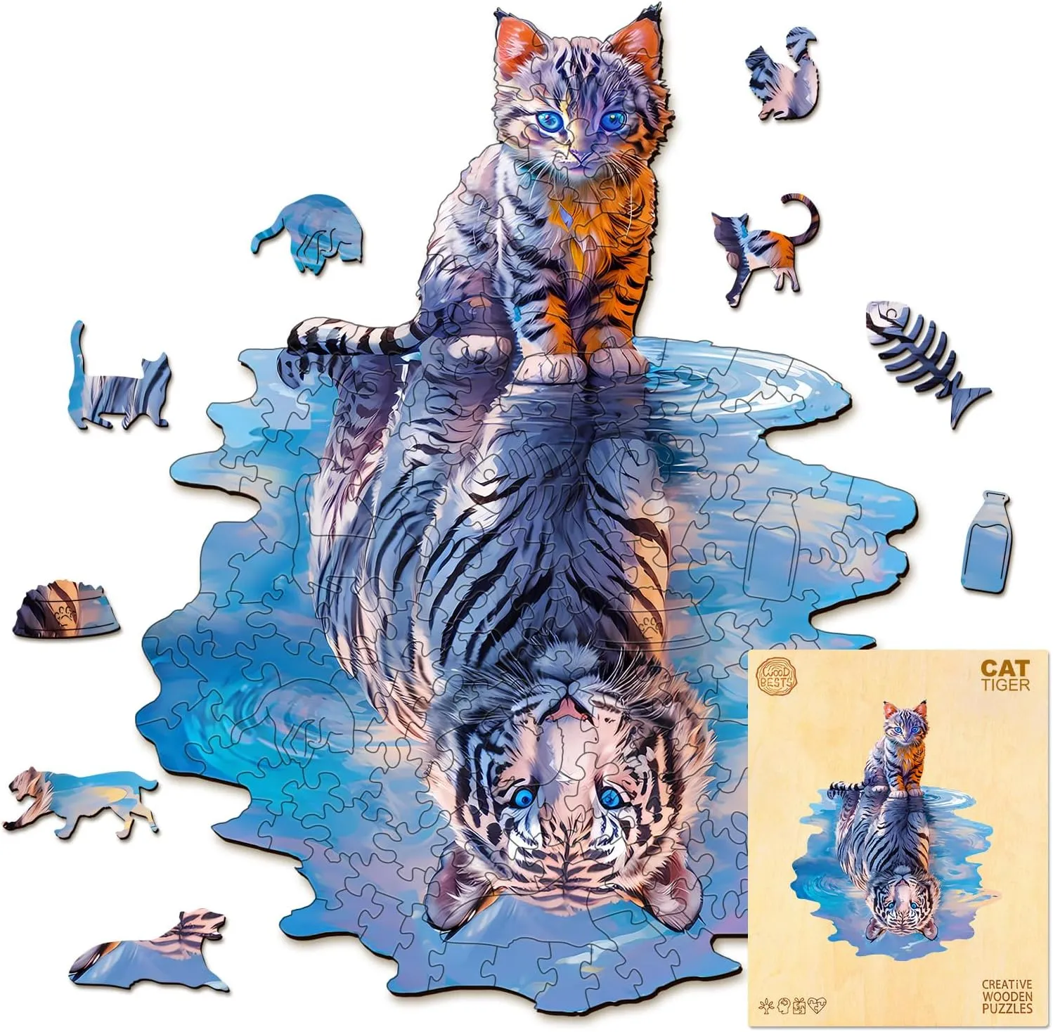 Gift for Family Game (L-13.3 * 10.7in-175pcs) Wooden Puzzles for Adult, format Cat Tiger Wooden Jigsaw Puzzles, Unique Shape Wooden Jigsaw Puzzle, Best 