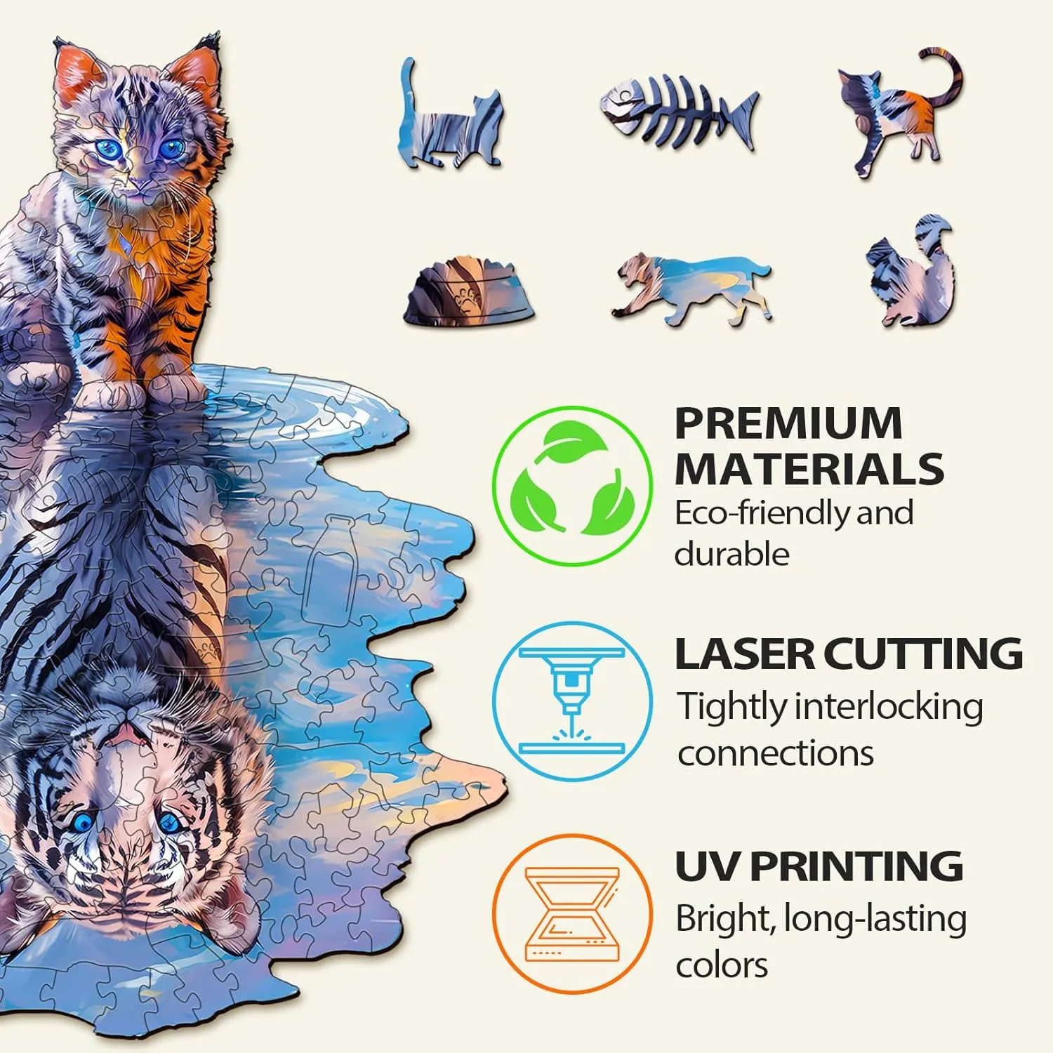 Gift for Family Game (L-13.3 * 10.7in-175pcs) Wooden Puzzles for Adult, format Cat Tiger Wooden Jigsaw Puzzles, Unique Shape Wooden Jigsaw Puzzle, Best 