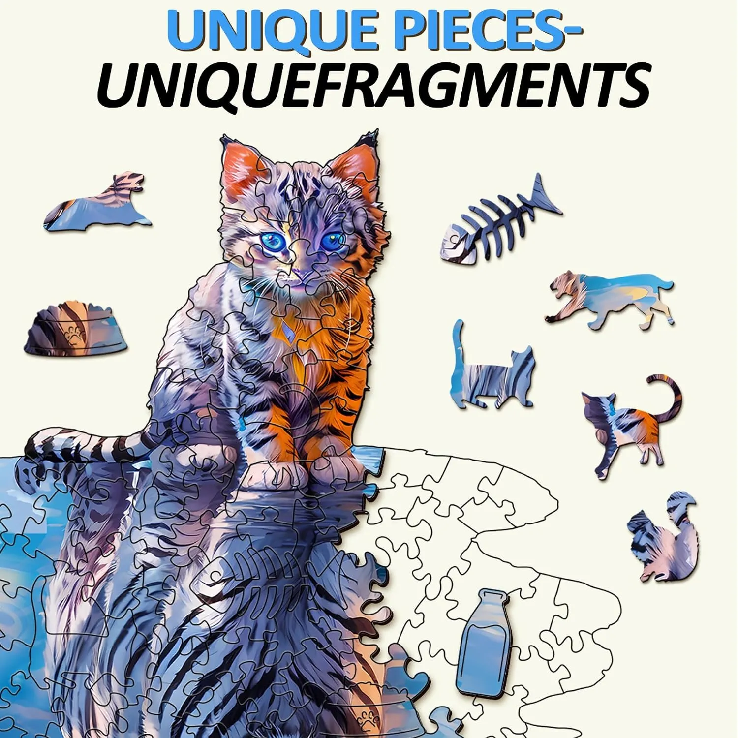 Gift for Family Game (L-13.3 * 10.7in-175pcs) Wooden Puzzles for Adult, format Cat Tiger Wooden Jigsaw Puzzles, Unique Shape Wooden Jigsaw Puzzle, Best 