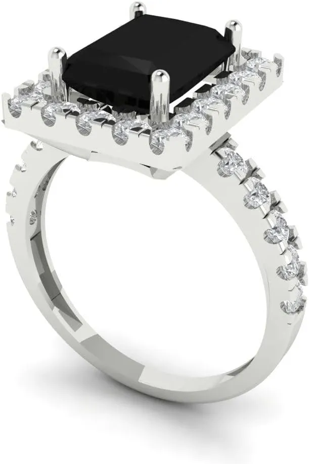 Gift (Size) Clara Pucci 3.84 ct Natural Onyx Engagement Ring - Emerald Cut With Simulated altruistic Diamond Halo Accents in Solid 18K White Gold - Promise Ring for Women - Bridal 