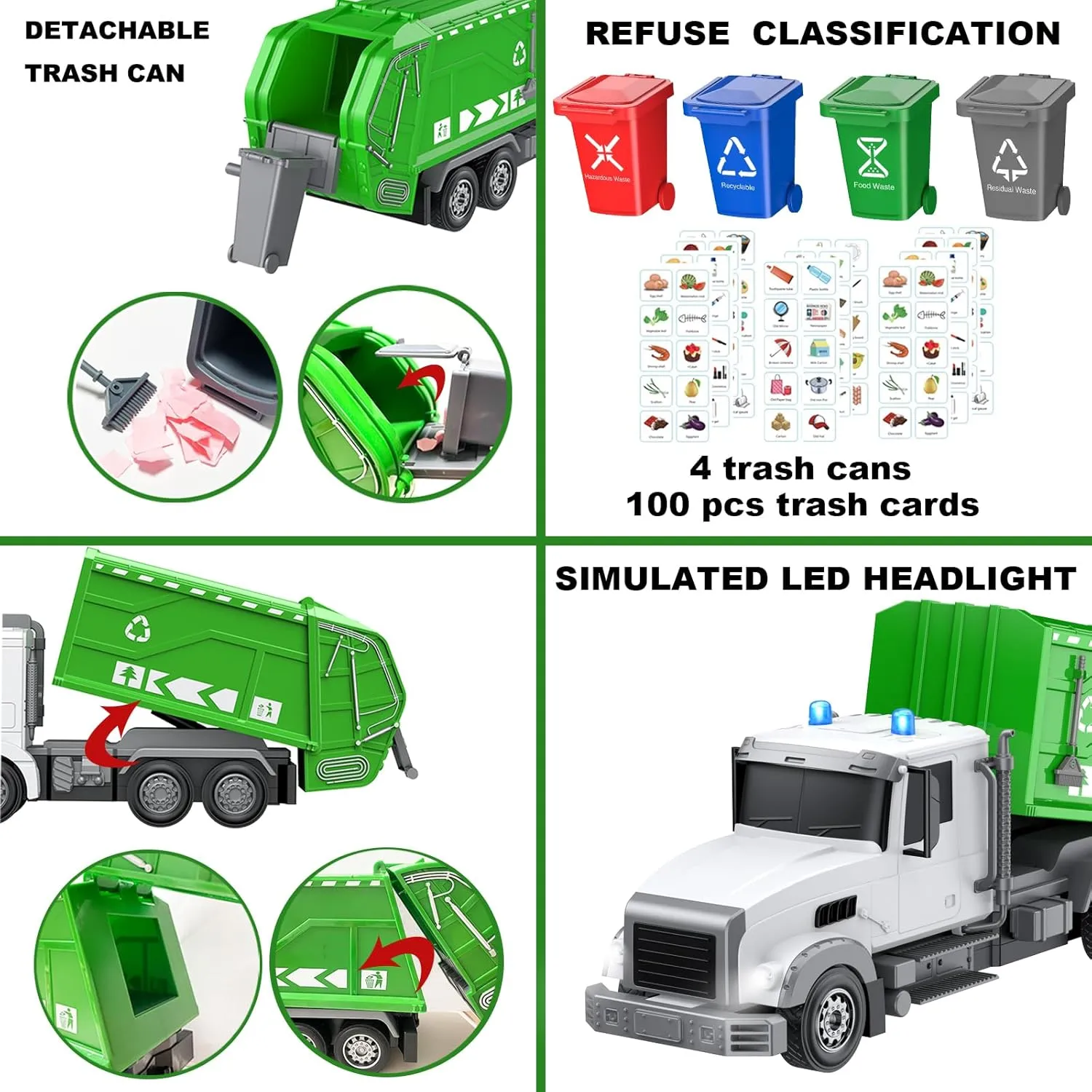 Gifts for Boys 3  2.4Ghz Remote Control Garbage Truck Toys$1/24 RC Garbage Truck conversion encounter categorize impregnate with 4 Trash cans 6 Channel Remote Control Waste Management Garbage Truck$ 100pcs Garbage Sorting Cards$ 