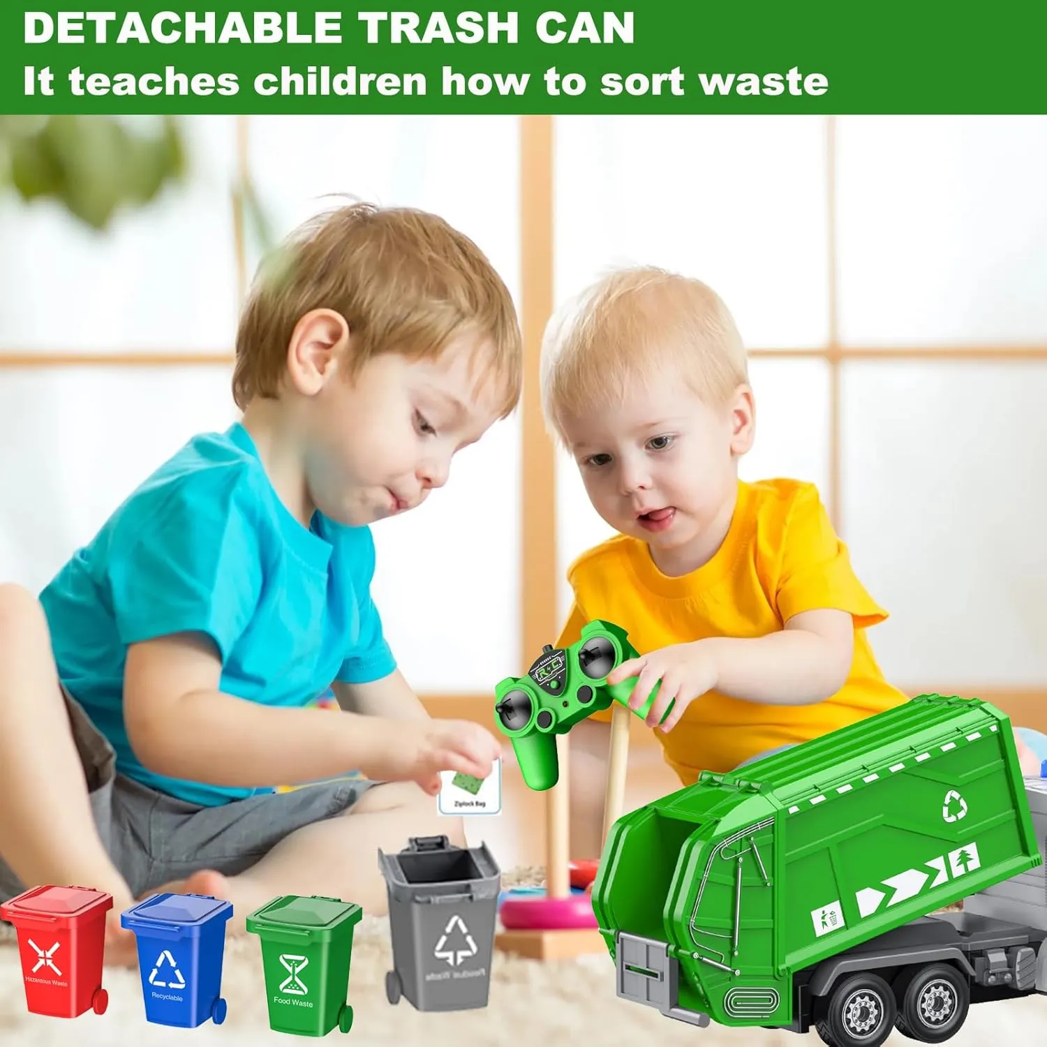 Gifts for Boys 3  2.4Ghz Remote Control Garbage Truck Toys$1/24 RC Garbage Truck conversion encounter categorize impregnate with 4 Trash cans 6 Channel Remote Control Waste Management Garbage Truck$ 100pcs Garbage Sorting Cards$ 