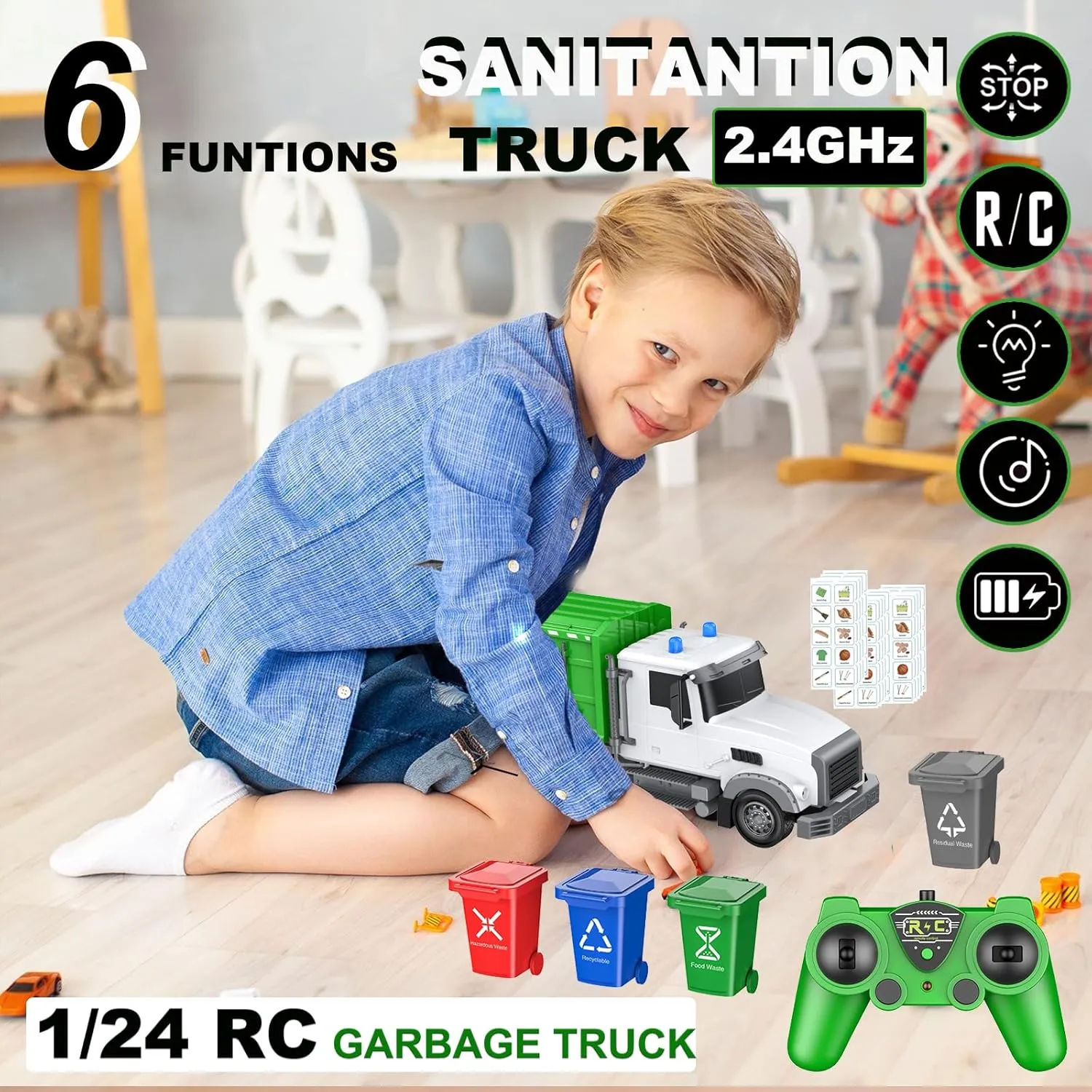 Gifts for Boys 3  2.4Ghz Remote Control Garbage Truck Toys$1/24 RC Garbage Truck conversion encounter categorize impregnate with 4 Trash cans 6 Channel Remote Control Waste Management Garbage Truck$ 100pcs Garbage Sorting Cards$ 