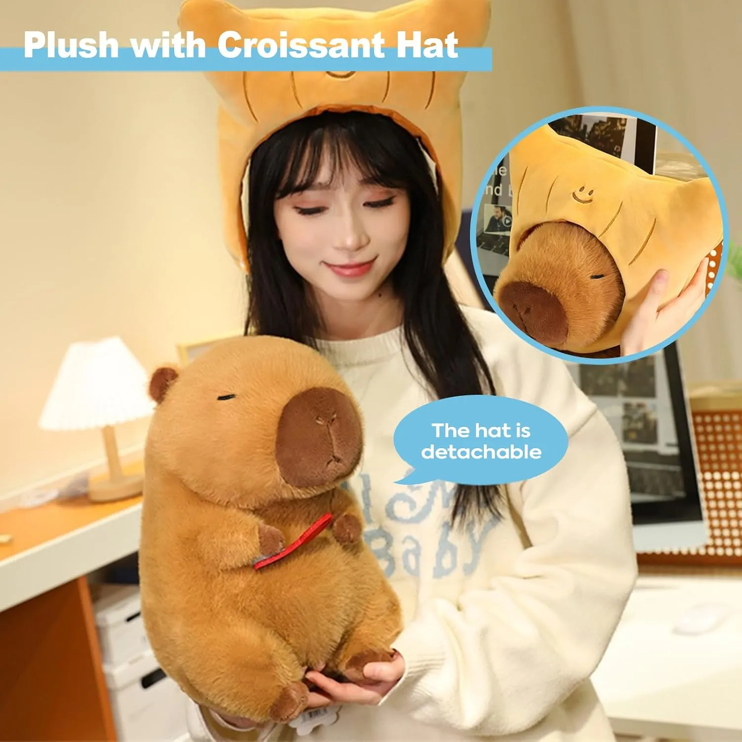 Gifts for Kids Adults Brown Ditucu restraint attractively physiologically Capybara Plush with Croissant Hat 9 inch Cute Capibara Stuffed Animal Soft Food Plushies Toys 