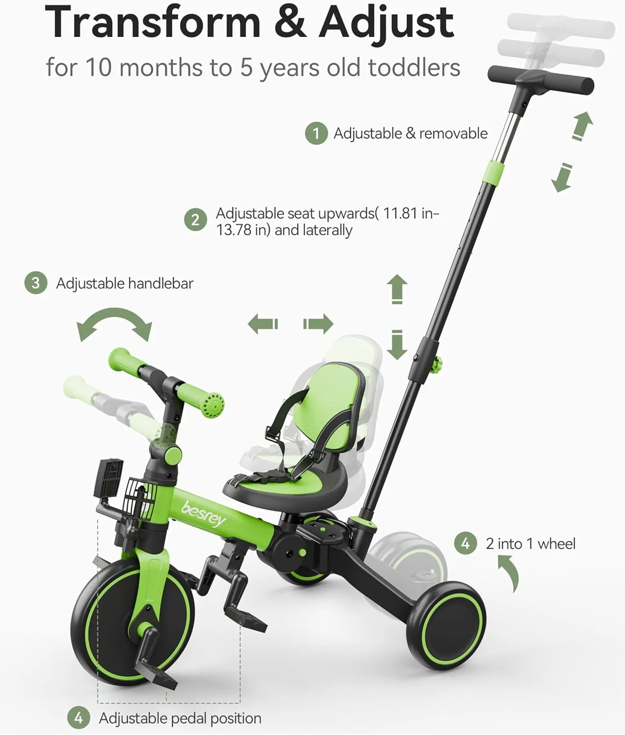 Girls$ Balance Bike besrey 5 in 1 stream lade Toddler Bike$ Toddler Tricycle for 1-3 Year Old$ Trike with Push Handle$ Backrest and Safety Belt$ Birthday Gifts and Toys for Boys and 