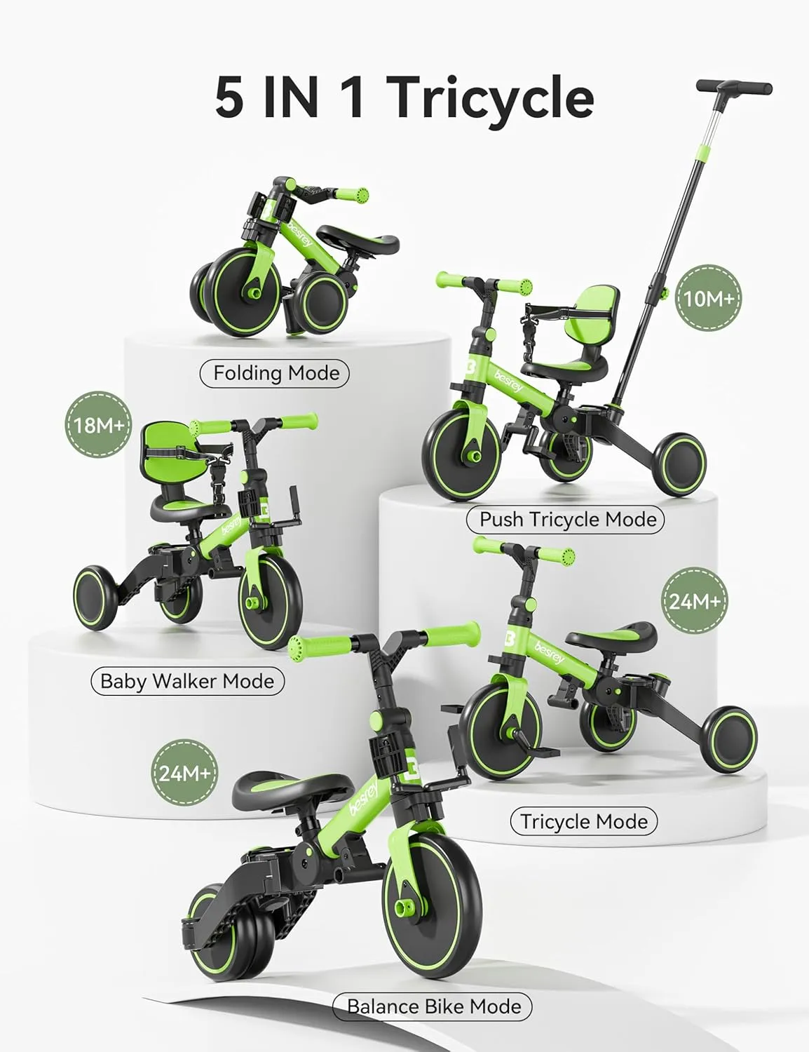 Girls$ Balance Bike besrey 5 in 1 stream lade Toddler Bike$ Toddler Tricycle for 1-3 Year Old$ Trike with Push Handle$ Backrest and Safety Belt$ Birthday Gifts and Toys for Boys and 