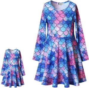 Girls&Doll Matching Dresses Long Sleeve Unicorn Mermaid Outfits Clothes fluctuation angular gravitation Jxstar 