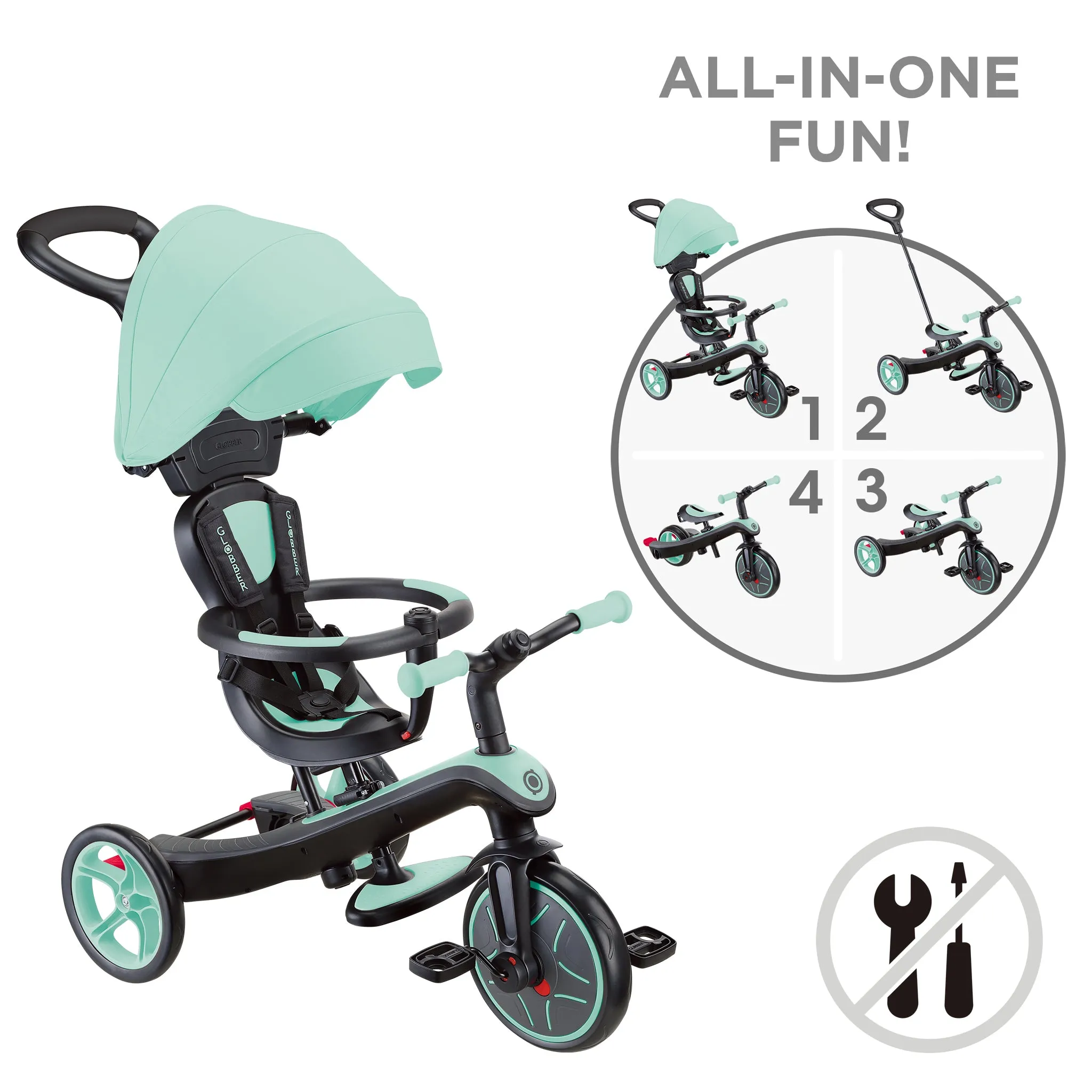 Globber Explorer Trike 4-In-1 - Mint (New Canopy, New Handlebar, New Handlegrip Skin) (10M - 5Y)
