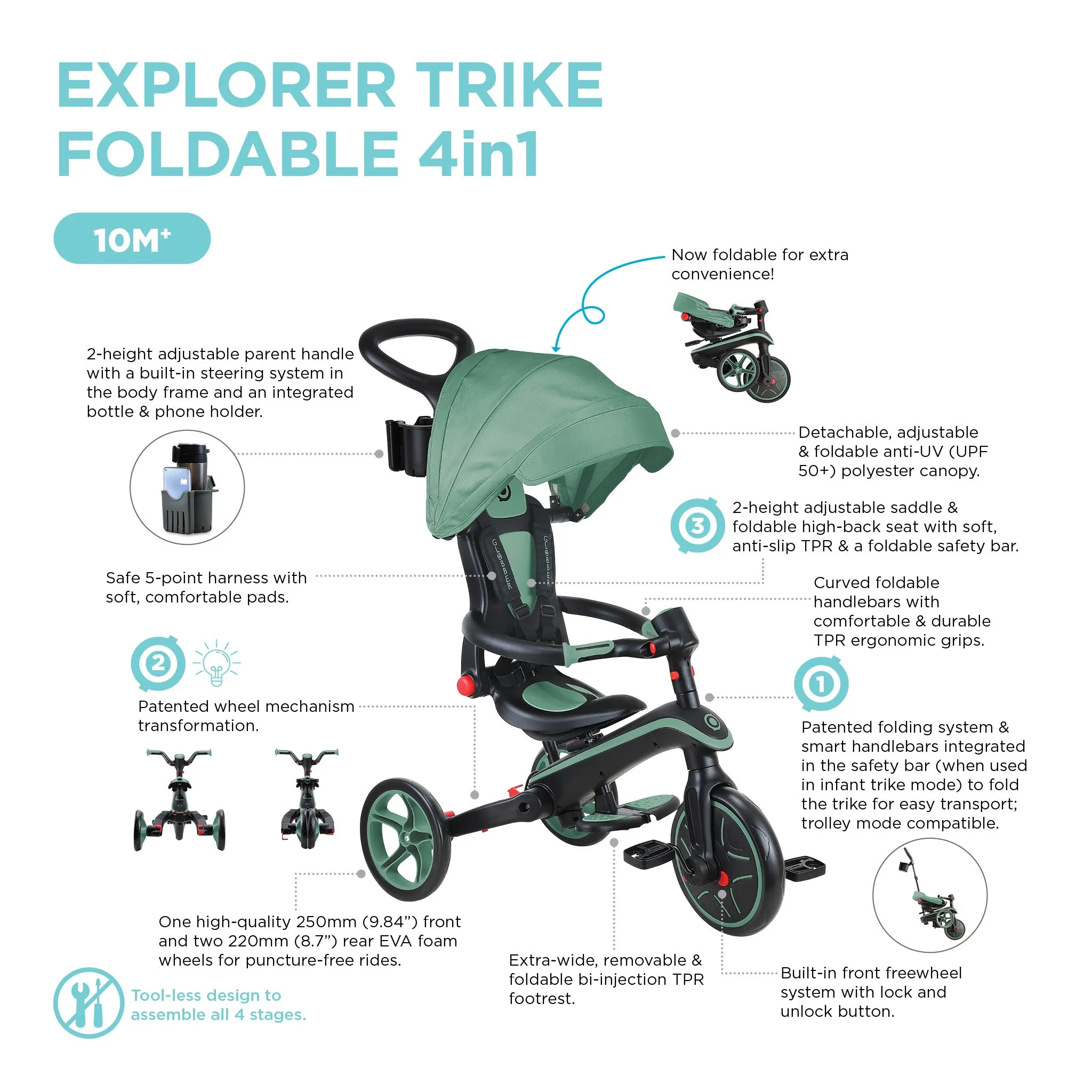Globber Explorer Trike Foldable 4-In-1 - Taupe (10M - 5Y)