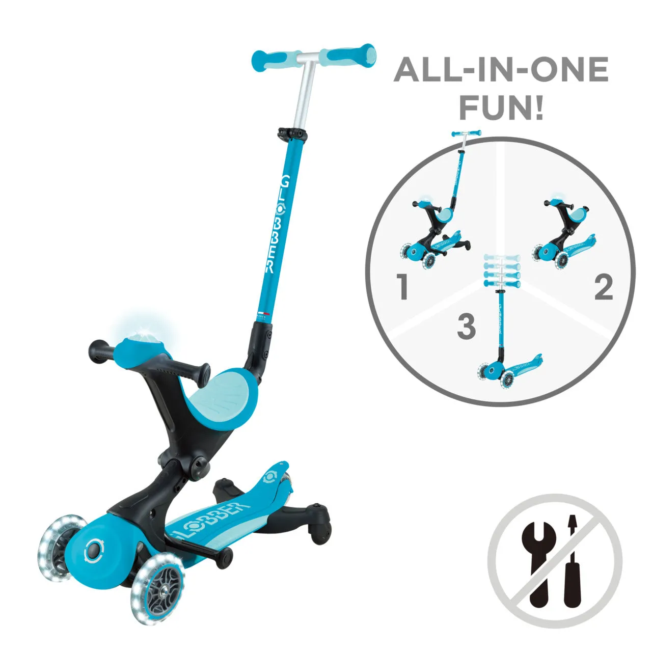Globber Go Up Deluxe Lights 360° Foldable Scooter - Aqua (15M - 9Y )