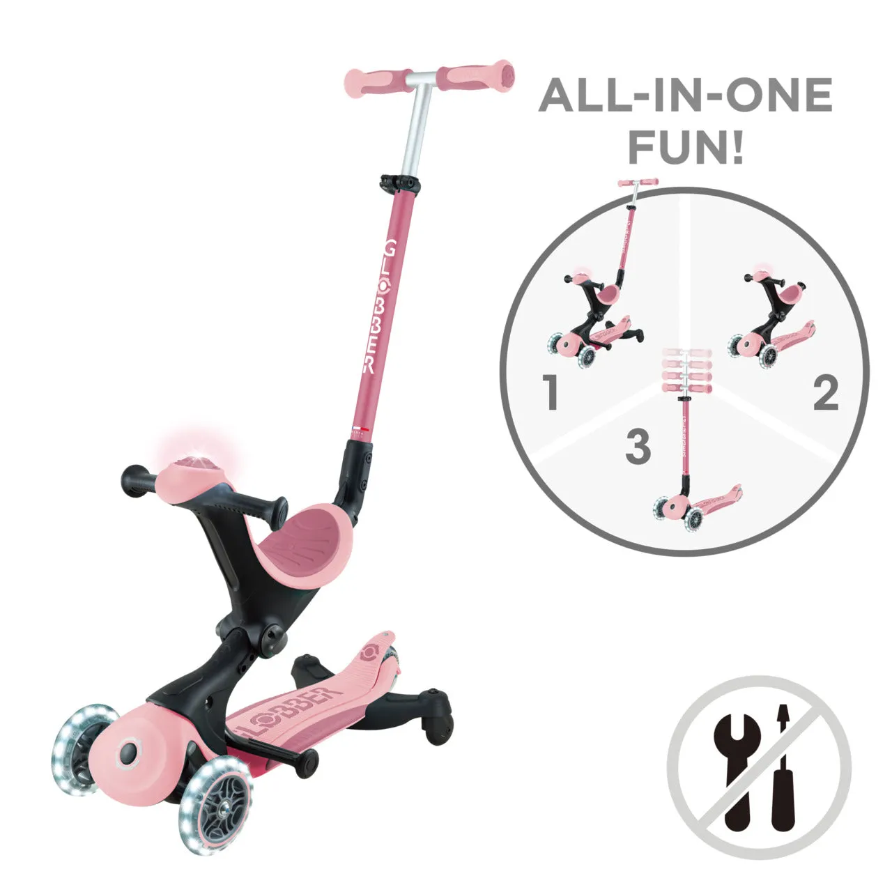 Globber Go Up Deluxe Lights 360° Foldable Scooter - Pastel Pink / Deep Pastel Pink (15M - 9Y )