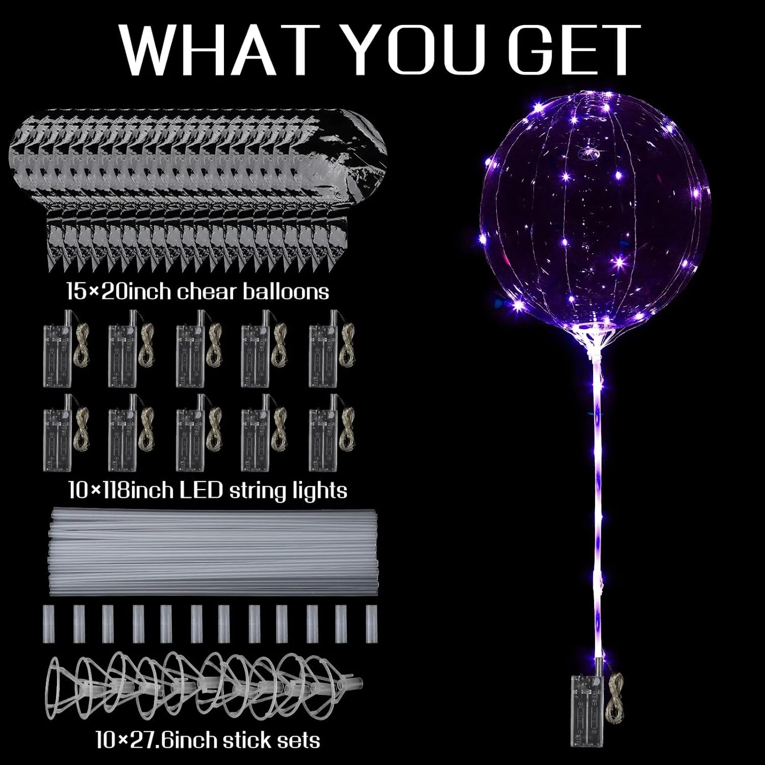 Glow Bubble Lights for Party Supplies Valentines Decor (Purple) LED Balloons Light Up$ 10 Pack LED Balloons with Sticks$ 20 Inch Clear Bobo Balloon with win Lights Helium 
