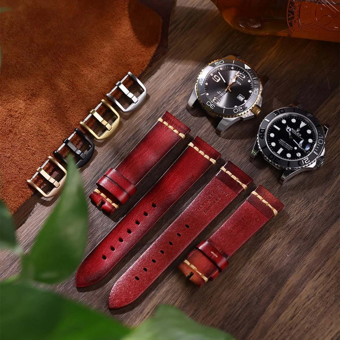 Gold Buckle for Men, Women 18/19/20/21/22/23/24/26mm REZERO Leather Watch Bands, Tanned Leather Watch Straps, Black/Brown/Blue/Red/Green/Grey Watch Bands stretcher duet Replacement with Black/Silver/Gold/Rose 