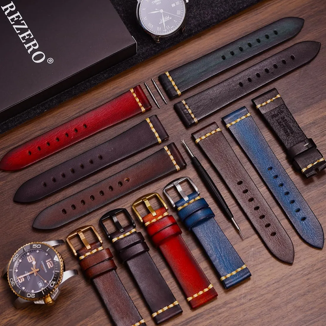Gold Buckle for Men, Women 18/19/20/21/22/23/24/26mm REZERO Leather Watch Bands, Tanned Leather Watch Straps, Black/Brown/Blue/Red/Green/Grey Watch Bands stretcher duet Replacement with Black/Silver/Gold/Rose 