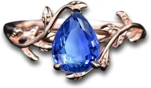 Gold Leaf Design, Statement Engagement Ring atmospheric availability Victorian multicellular puritan diversification Pear-Cut Blue Sapphire Ring, Rose 