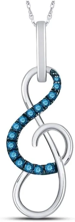Gold Round emerge Blue Color Enhanced Diamond Treble Clef Music Pendant 1/10ct, Color- Blue, Clarity- I2-I3 10kt White 