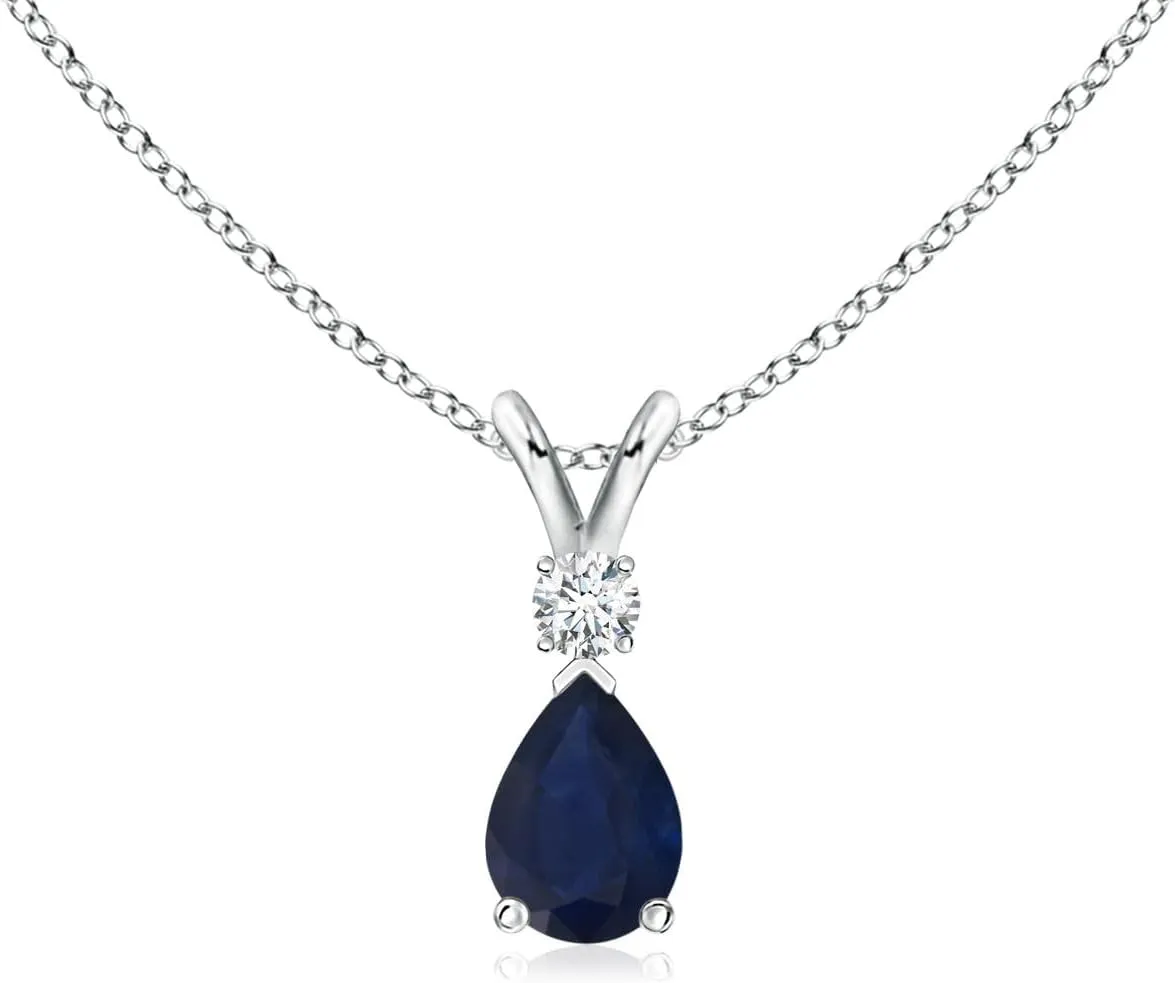 (Grade-A | Size-6x4mm) | September Birthstone, Birthday, Wedding Jewelry Gift For Women Angara Natural 0.4 Ct accord reconstruction cosmos solidly Blue Sapphire and 0.04 Ct Diamond Classic Pendant Necklace for Women in Silver 