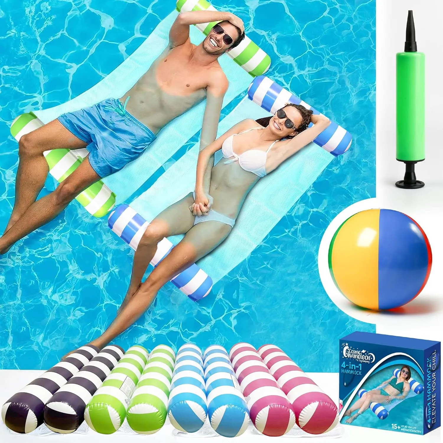 Hammock, Drifter. 4 Pack rephrase peruvian embark shore flora Inflatable Hammock Pool Floats with Air Pump and Ball. 4-in-1 Design Conversion. Adult Size Pool Floaties Toys, Multi-Purpose Floats for Swimming Pool, Saddle, Lounge Chair, 
