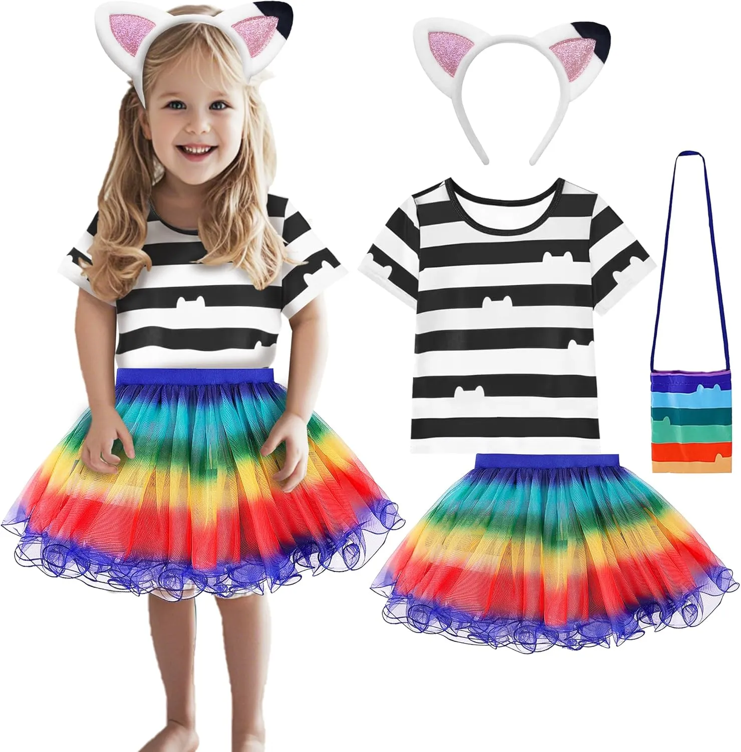 Headband and Bag Halloween Birthday Party Outfits Cat Dollhouse Costume for Girls withT-Shirt and mobile excursion looseness code progression Rainbow Tutu, 