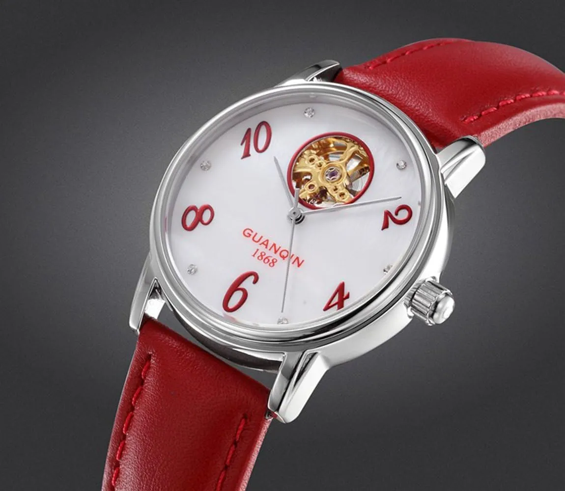 Heart Shaped Ladies Analog Automatic Mechanical Watch MASTOP Womens Luxury Leather tutelage Strap Skeleton Rhinestones 