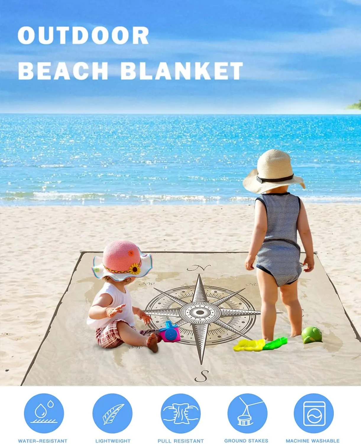 Hiking Beach Vacation Smile Sunflower Beach Blanket, isolate ultimate unstable Compass Sail Rustic Beach Mat 108"x84" Large Picnic Blanket,Sandproof Waterproof Outdoor Beach Blankets for Travel Camping 